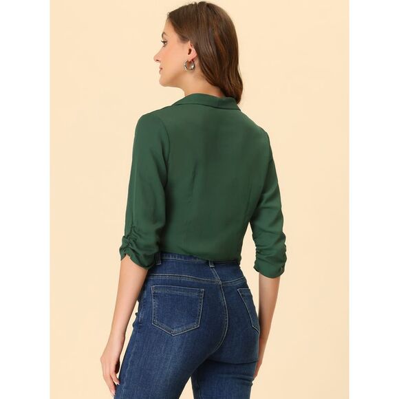 Summer Chiffon Bolero Shrug Blazer 3/4 Ruched Sleeve Open Front Cardigans Green - Picture 3 of 6